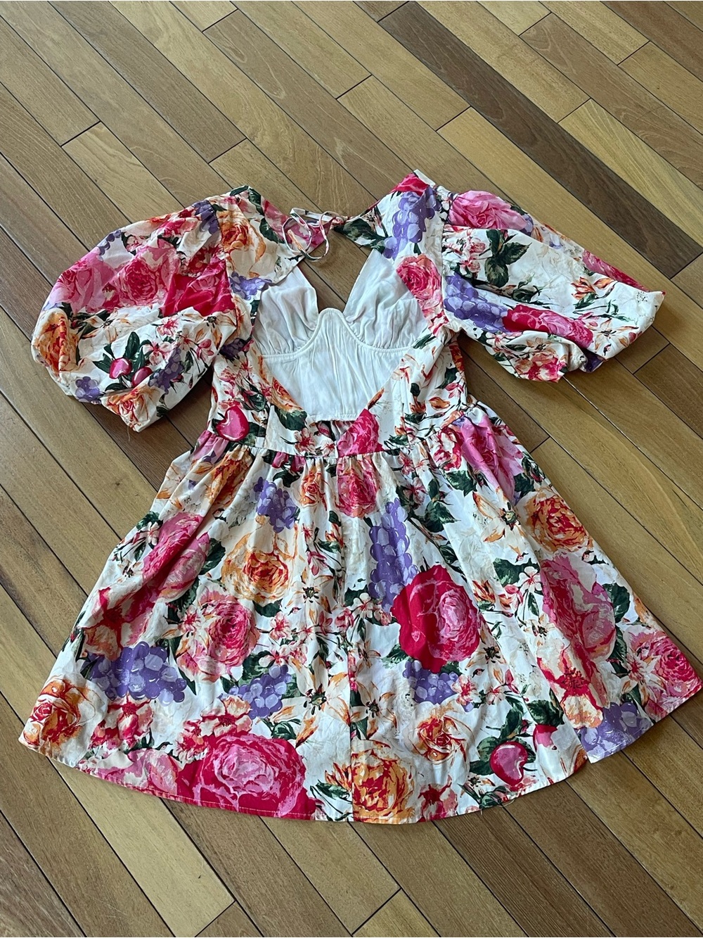 Buddy Love Floral Puff Sleeve Mini Dress L Cottagecore Scalloped Bust Boho - Picture 10 of 16
